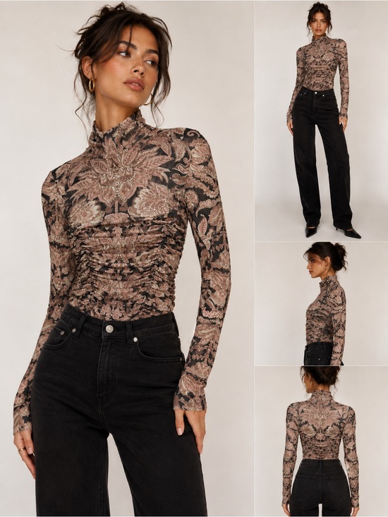 Free People Tops - Free People-Floral Ruched Long-Sleeve Mock Neck Top - Taupe/Black